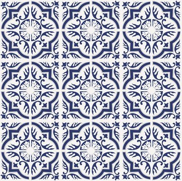 Blue Portuguese tiles pattern - Azulejos vector, fashion interior design tiles
