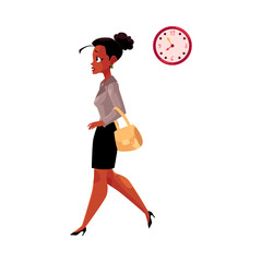Young black, African American businesswoman hurrying, being late to work, feeling nervous, cartoon vector illustration isolated on white background. Black businesswoman hurrying to work in the morning