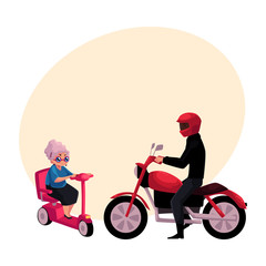 Young man riding motorcycle and old woman driving modern scooter, personal urban transport concept, cartoon vector illustration with space for text. Motorcycle and scooter riders, drivers