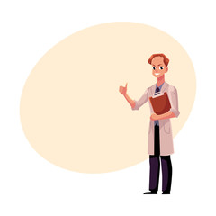 Male, man doctor in white medical coat holding clipboard and showing thumb up, cartoon vector illustration with space for text. Full length portrait of male, man doctor giving thumb up