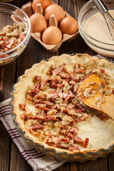 Making stuffing while preparing a traditional quiche