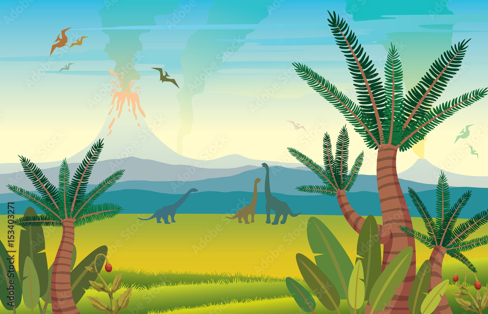 Wall mural prehistoric landscape with dinosaurs, volcano and plants.