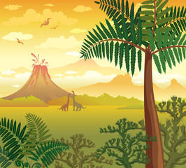 Prehistoric landscape with dinosaurs, volcano and plants. © Natali Snailcat