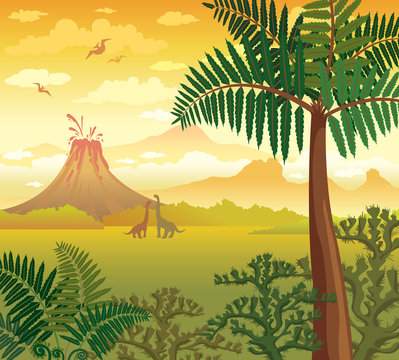 Prehistoric landscape with dinosaurs, volcano and plants.