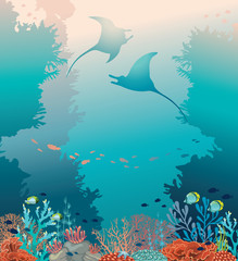 Two stingrays, coral reef and sea. Underwater vector.