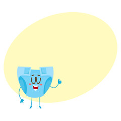Baby diaper, nappy character with human face showing thumb up, newborn accessory, cartoon vector illustration with space for text. Baby diaper, nappy character, mascot, child care concept