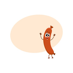 Cute and funny sausage character with human face showing awe, admiring something, cartoon vector illustration with space for text. Sausage character, mascot, looking at something with awe