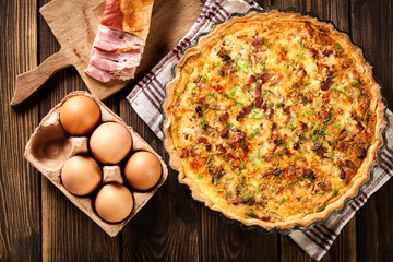 Homemade quiche lorraine with bacon and cheese