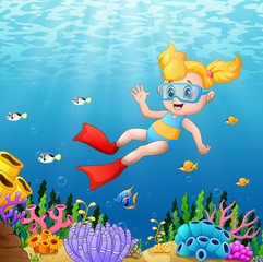 Fototapeta na wymiar Cartoon girl swimming underwater with fish