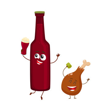 Funny beer bottle and fried chicken leg characters having fun, cartoon vector illustration isolated on white background. Funny smiling beer bottle and chicken leg, drumstick having party together