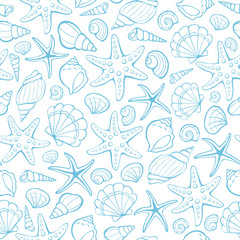 Seamless background from hand drawn sea shells and stars. Marine illustration of shellfish.