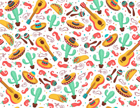 Viva Mexico seamless pattern. Mexican culture symbols on black background. Guitar, sombrero, maracas, cactus and jalapeno in tiled backdrop design.
