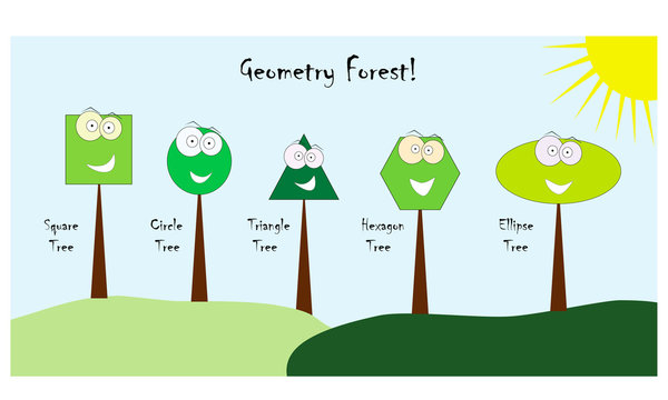 geometric shapes with funny faces vector - forest tree vector - school education icon