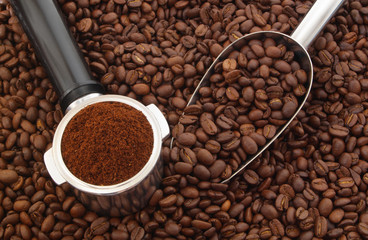 Ground coffee in portafilter and metallic shovel on roasted arabica coffee beans, espresso coffee concept