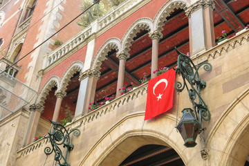 Balcony and turkish flags in Istambul, Turkey.