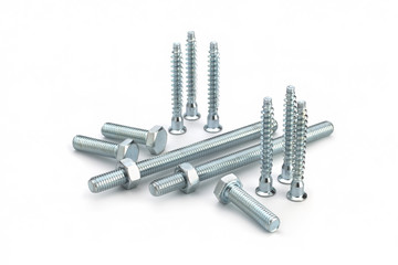 Nuts, washers, bolts on white background