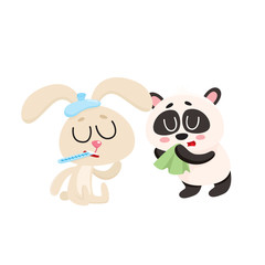 Sick baby rabbit and panda bear having cold, flu, runny nose, cartoon vector illustration isolated on white background. Sick little rabbit with ice pack, panda blowing nose with handkerchief
