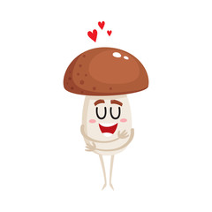 Funny porcini mushroom character showing love, hugging itself, cartoon vector illustration isolated on a white background. Happy porcini mushroom character hugging itself, symbol of love