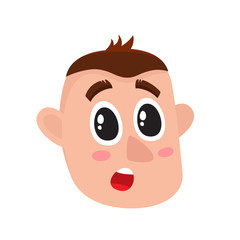 Young man face, surprised facial expression, cartoon vector illustrations isolated on white background. Handsome boy emoji surprised, shocked, amazed, astonished.