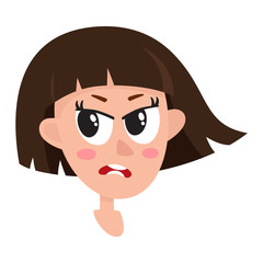 Pretty dark brown hair woman, angry facial expression, cartoon vector illustrations isolated on white background. Beautiful woman frowns, feeling distresses, frustrated, sullen. Angry face expression