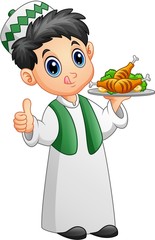Muslim kid holding a platter of chicken meat and giving thumb up
