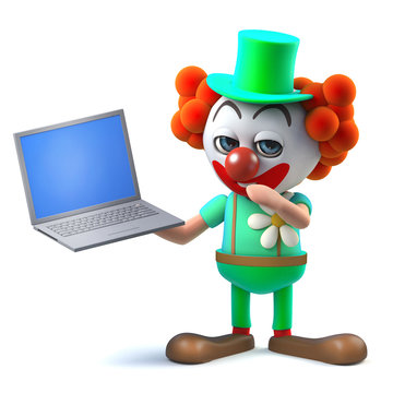3d Funny cartoon crazy clown character has a laptop pc device