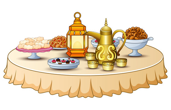 Delicious Menu For Iftar Party Are On The Table With Lantern And Gold Teapot