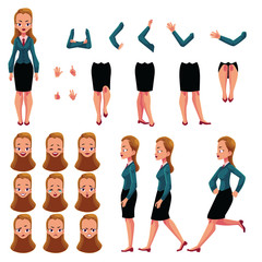 Businesswoman, woman character creation set with different poses, gestures, faces, cartoon vector illustration on white background. Businesswoman creation set, constructor, changeable face, legs, arms