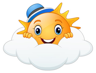 Smiling sun cartoon wearing blue cap with cloud