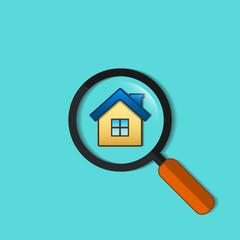 Real estate symbol of house under magnifying glass, vector flat design. Search home symbol.
