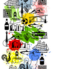 Portugal seamless pattern. Portuguese national traditional symbols and objects