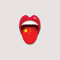 Learning languages concept. Learning Chinese language. Open mouth with flag of China. Chinese language tongue open mouth with flag of China. Vector illustration. EPS 10.