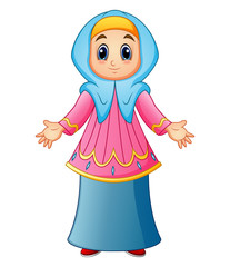 Muslim girl wearing blue veil and pink clothes presenting