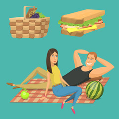 Obraz na płótnie Canvas Picnic setting with red wine glasses picnic hamper basket. Barbecue resting couple vector character
