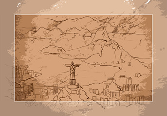 Fototapeta premium Rio de Janeiro, Brazil cityscape with Christ the redeemer, hand drawn doodle silhouette ink style