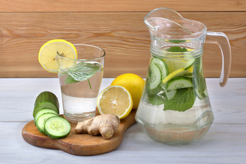Полезный для здоровья напиток из лимона,огурца,имбиря,листьев мяты