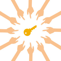 Viele Finger zeigen auf Schlüssel