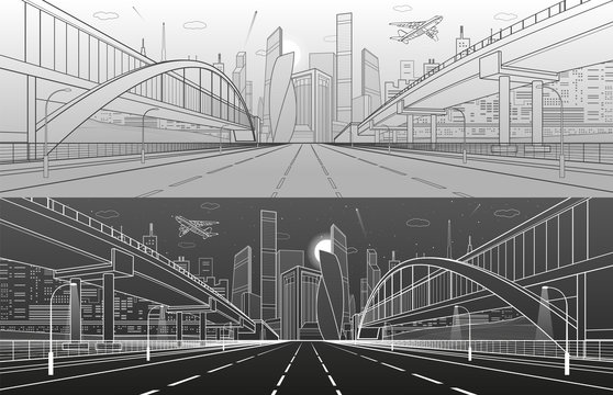 Pedestrian bridge across the highway. Road overpass. Infrastructure, modern city on background, industrial architecture. White and black lines illustration, urban scene, vector design art 
