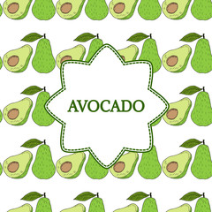 Avocado square banner in color. Whole avocado, sliced pieces, half, leaf and seed sketch. Vintage hand drawn sketch illustration. Linear graphic, line art.