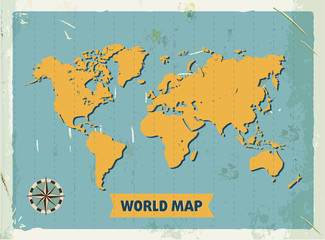 Grunge retro metal sign with world map. Vintage poster. Old fashioned design.