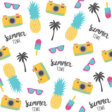 Summer pattern with pineapples, photo camera. Vector illustration