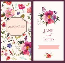 Invitation card with watercolor illustration of flowers