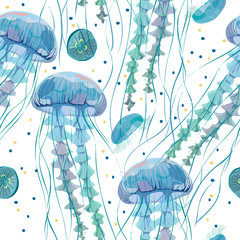 Fototapeta premium Wzór ze szczegółowymi przezroczystymi meduzami. Galaretka morska błękitna na białym tle. Ilustracji wektorowych