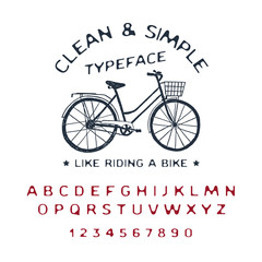 Hand drawn Clean & Simple font. Latin alphabet vector letters, numbers, and signs. Vintage bicycle vector illustration.
