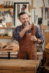 Carpenter Finishing Wooden Horse Toy/Middle aged handsome carpenter  making final touches to the Horse Toy
