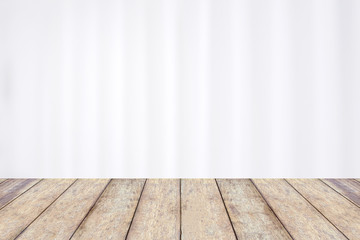 wood table with abstract blur white hospital curtain background