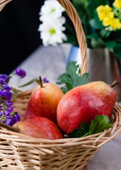 pears in a basket with green leaves and purple flowers with white and yellow flowers in a mettalic pot on a backside