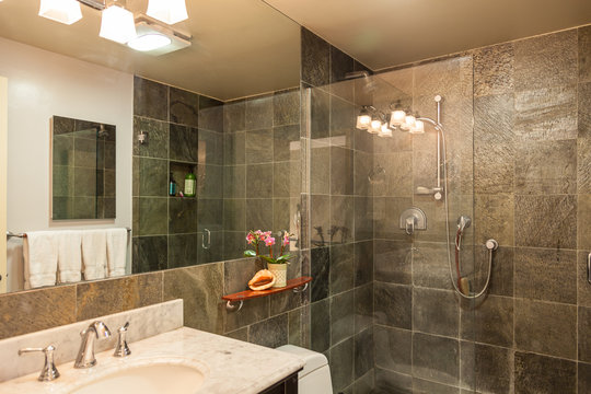 contemporary remodeled bathroom granite shower tiles