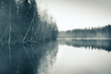 Foggy landscape with gloomy mood and lake at toned photo