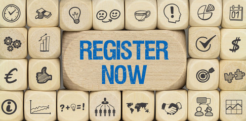 Register Now / Würfel mit Symbole